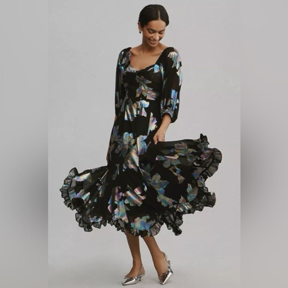 Anthropologie Hutch Puff-Sleeve Twist Iridescent Midi Dress/  XS